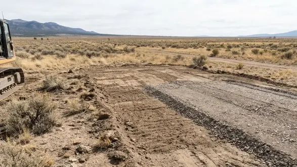 Close view of rural ground preparation showing exposed sandy soil, compacted aggregate, and a graded transition across Costilla County acreage