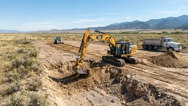 Excavator working through varied rural ground conditions during Costilla County site preparation