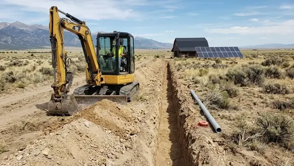 Yellow tracked excavator beside a planned underground electrical trench on rural Costilla County land