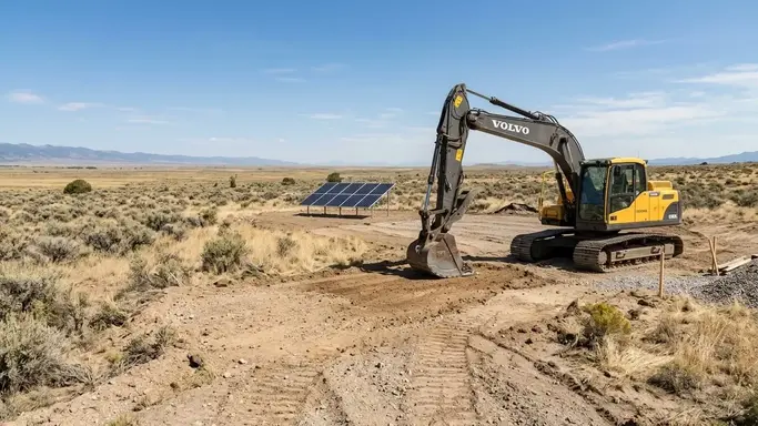 Ground mounted solar array site being prepared on open Costilla County acreage with an excavator and partially graded terrain