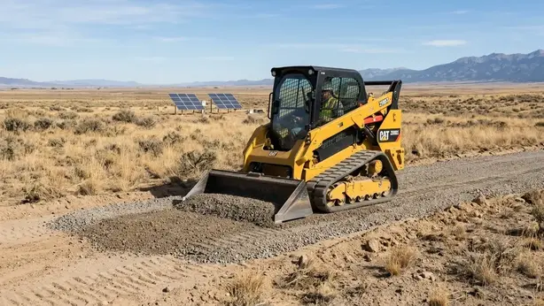 Compact track loader spreading gravel across a prepared work area for an off-grid solar project in Costilla County, Colorado