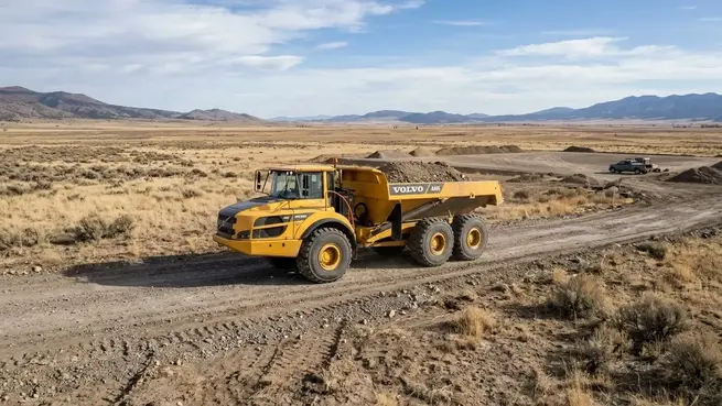 Articulated dump truck hauling gravel across a rural construction site in Costilla County, Colorado