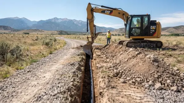Utility trench crossing a rural gravel driveway during underground utility excavation in Costilla County