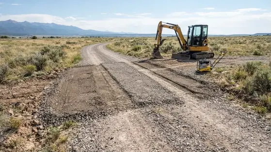 Rural gravel driveway being restored after underground utility trenching in Costilla County