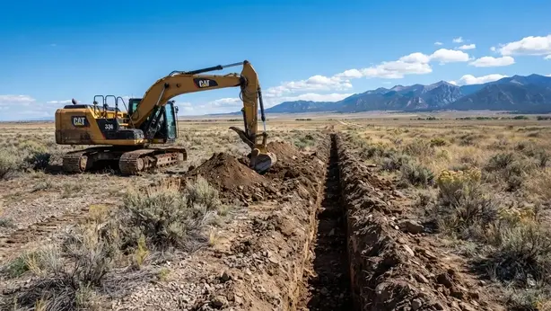 Rural utility trench being excavated beside a tracked excavator on undeveloped Costilla County property