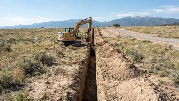 Rural utility trench being excavated across a Costilla County property for coordinated underground infrastructure