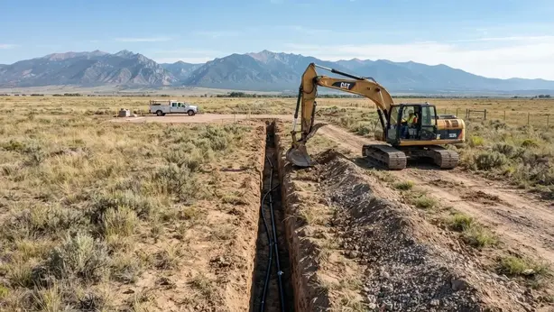 Utility trench being excavated across a rural Costilla County property for underground infrastructure
