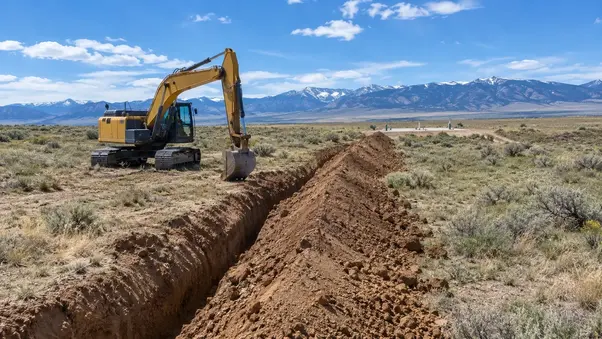 Utility trenching and underground infrastructure excavation on rural property in Costilla County Colorado