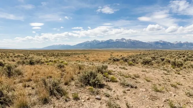 Open undeveloped acreage in Costilla County, Colorado, with dry native grasses, sparse sagebrush, and distant mountain views