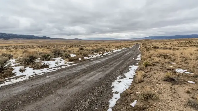 Rural gravel access road with damp soil, patches of melting snow, and overcast skies on undeveloped Costilla County, Colorado acreage