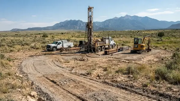 Prepared rural access route and well drilling work area on Costilla County property