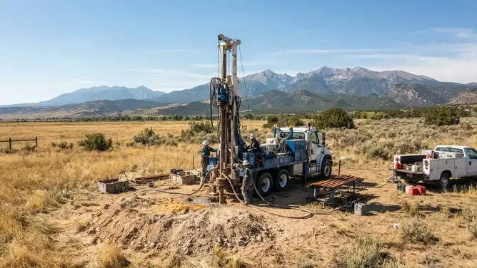 Professional well drilling operation on rural Costilla County property with drilling equipment positioned on a prepared site