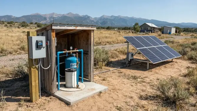 Well pump, pressure equipment, electrical components, and water line infrastructure serving a rural property in Costilla County