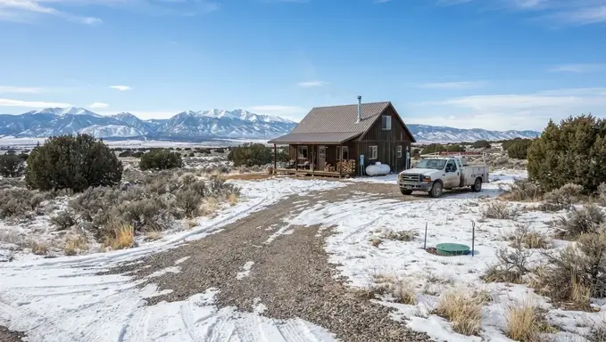 Rural Costilla County property with winter snow conditions and maintained access to a septic-served home