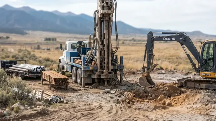 Rural Costilla County well project with difficult access, equipment staging, excavation, and undeveloped site conditions